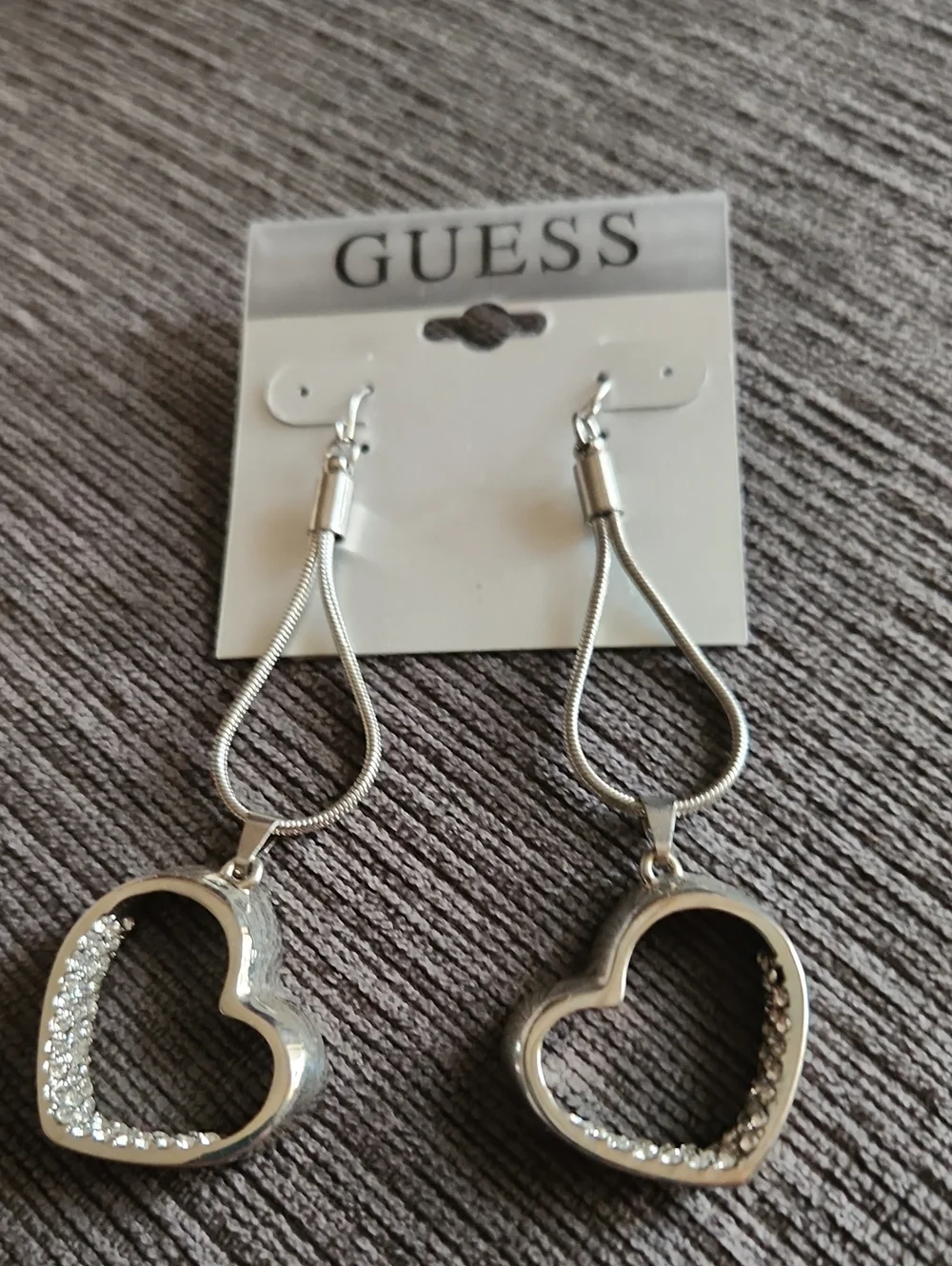 GUESS Silver Open Heart Drop Earrings with Crystals